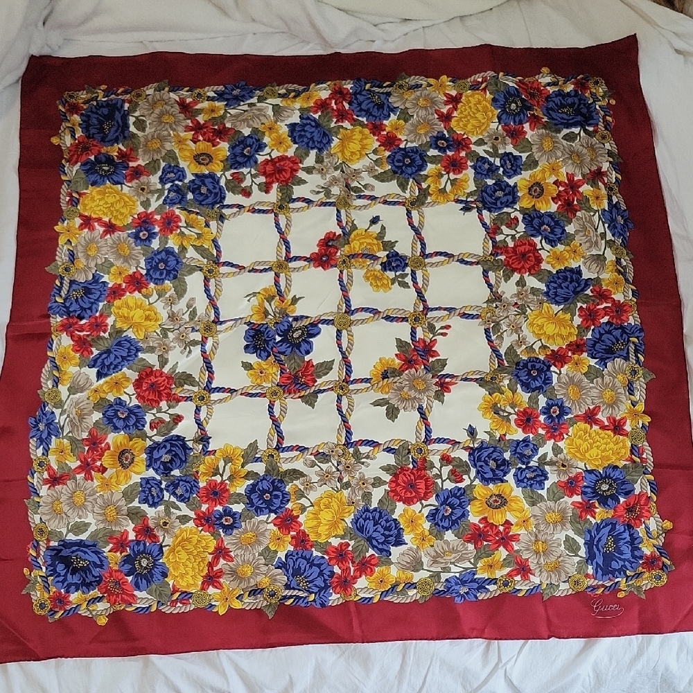 Gucci Floral Silk Scarf in Red, Blue, Yellow, Cream - Picture 1 of 5